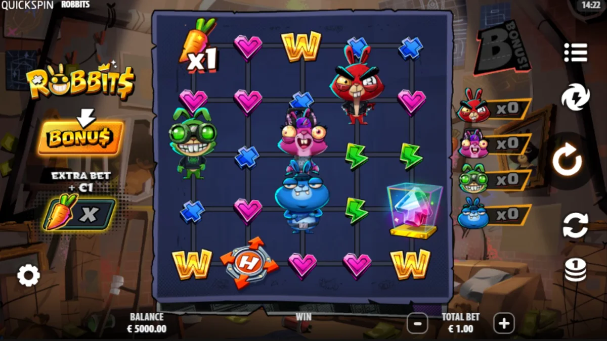 Tampilan visual karakter kelinci kriminal dalam slot Robbits oleh Quickspin